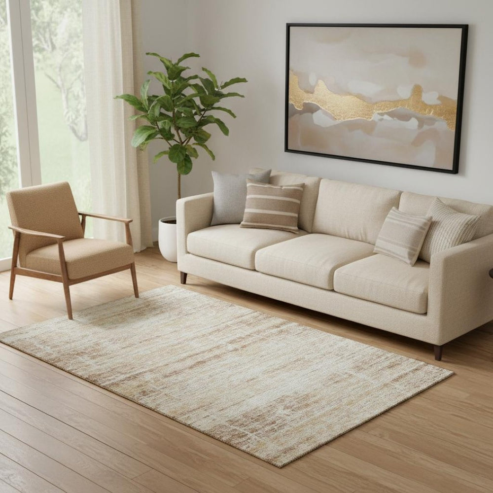 HomeRoots 5' Copper and Beige Abstract Area Rug – Washable, UV Protected, Durable for Homes with Kids & Pets 662917