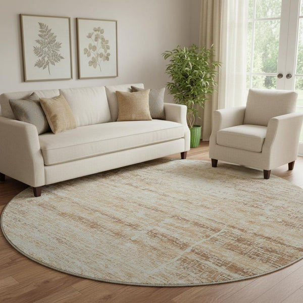 HomeRoots 8' Copper and Beige Abstract Round Rug - Washable, UV-Protected, Perfect for Modern Living Spaces! 662918