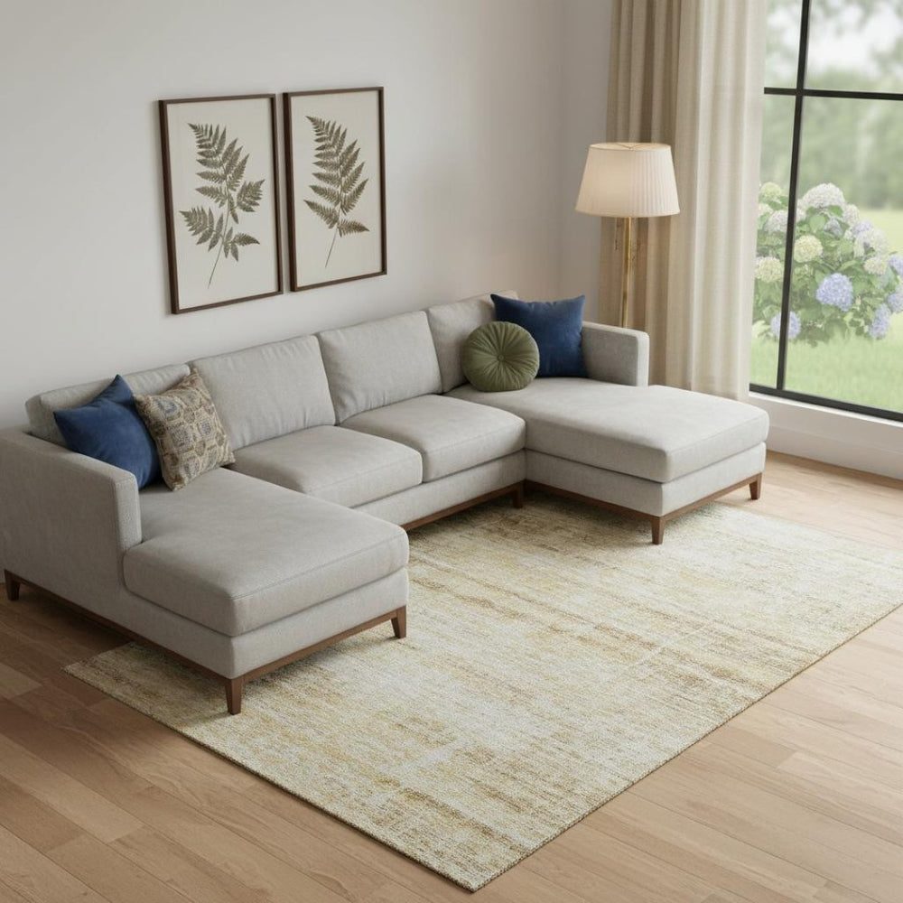 HomeRoots 9' X 12' Elegant Gold and Beige Abstract Washable Area Rug with UV Protection for Modern Spaces 662926