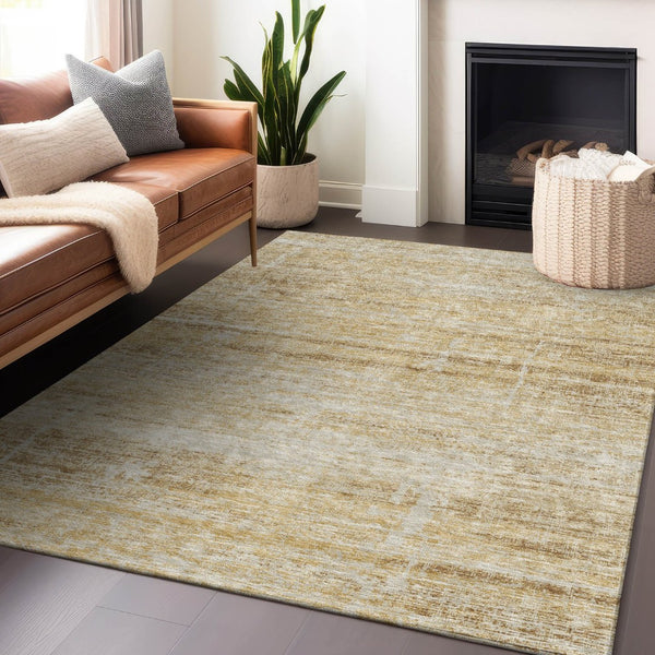 HomeRoots 9' X 12' Elegant Gold and Beige Abstract Washable Area Rug with UV Protection for Modern Spaces 662926