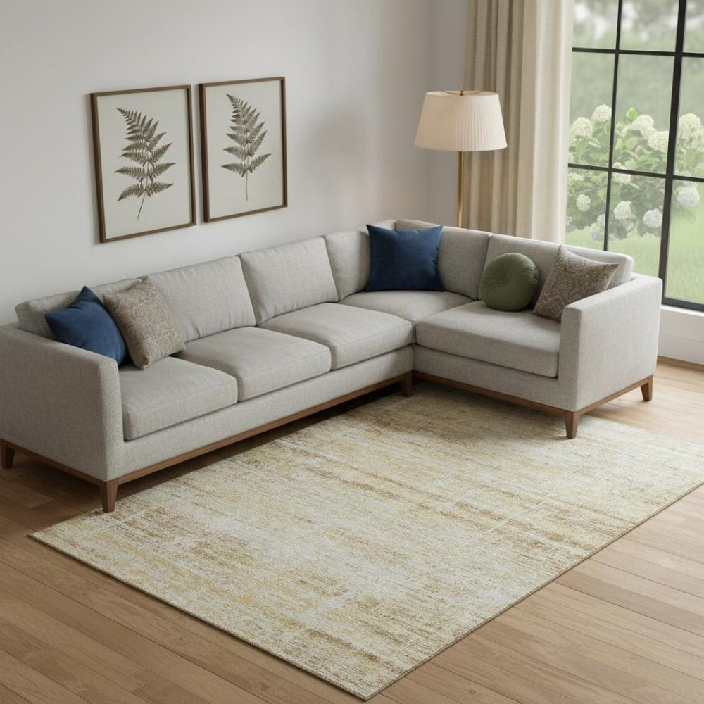 HomeRoots 10' X 14' Gold and Beige Abstract Washable Area Rug - Stain-Resistant with UV Protection for Modern Spaces 662927