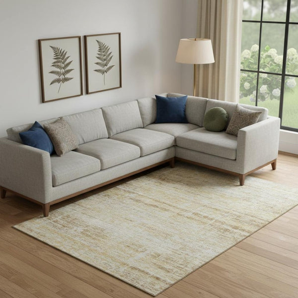 HomeRoots 10' X 14' Gold and Beige Abstract Washable Area Rug - Stain-Resistant with UV Protection for Modern Spaces 662927