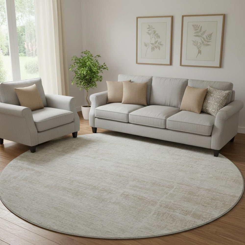 HomeRoots 8' Ivory and Beige Abstract Washable Round Rug - UV Protected, Durable, Stylish for High Traffic Areas 662930