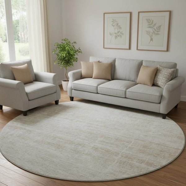 HomeRoots 8' Ivory and Beige Abstract Washable Round Rug - UV Protected, Durable, Stylish for High Traffic Areas 662930