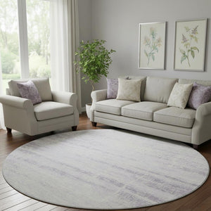 HomeRoots 8' Modern Abstract Lavender and Ivory Washable Round Rug with UV Protection for Stylish Durability 662936