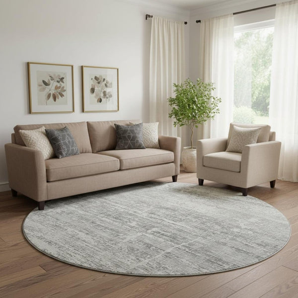 HomeRoots 8' Silver and Gray Washable Round Area Rug - Modern Abstract Design with UV Protection & Stain Resistance 662948