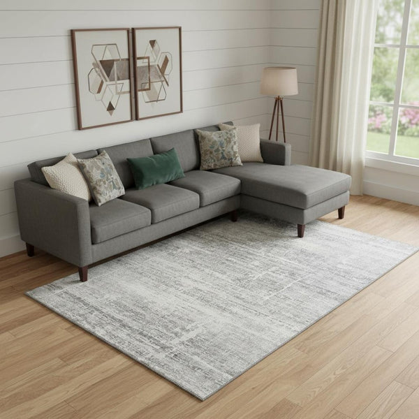HomeRoots 9' X 12' Modern Silver and Gray Abstract Area Rug – Washable, UV Protected, Perfect for High-Traffic Areas 662950