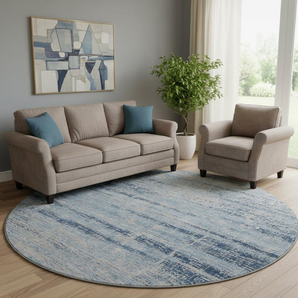 HomeRoots 8' Sky Blue and Gray Abstract Washable Round Rug - UV Protected, Stain-Resistant & Soft Comfort 662954