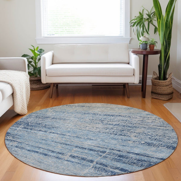 HomeRoots 8' Sky Blue and Gray Abstract Washable Round Rug - UV Protected, Stain-Resistant & Soft Comfort 662954