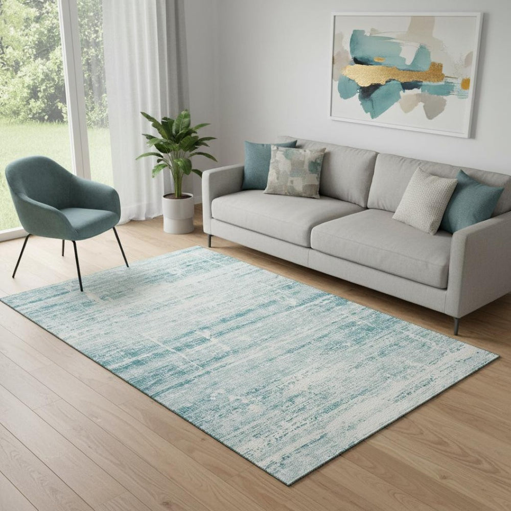 HomeRoots 5' X 8' Teal And Ivory Abstract Area Rug - Washable, UV-Resistant, Durable & Stylish for Homes 662959