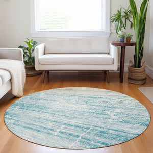 HomeRoots 8' Teal And Ivory Abstract Round Rug - Durable, Stain-Resistant, UV Protected for Modern Spaces 662960