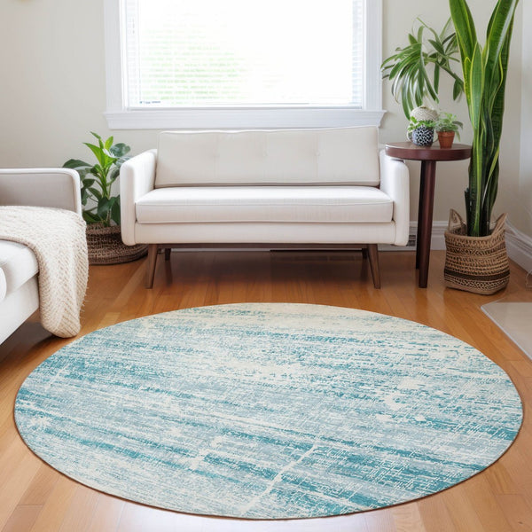 HomeRoots 8' Teal And Ivory Abstract Round Rug - Durable, Stain-Resistant, UV Protected for Modern Spaces 662960