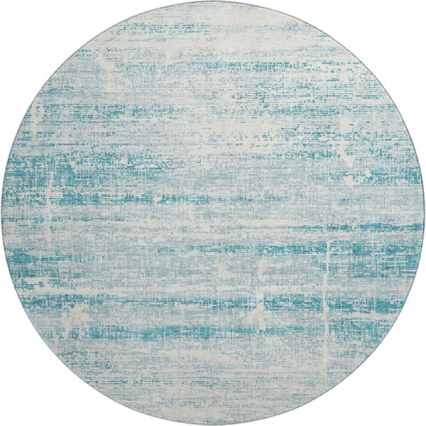 HomeRoots 8' Teal And Ivory Abstract Round Rug - Durable, Stain-Resistant, UV Protected for Modern Spaces 662960