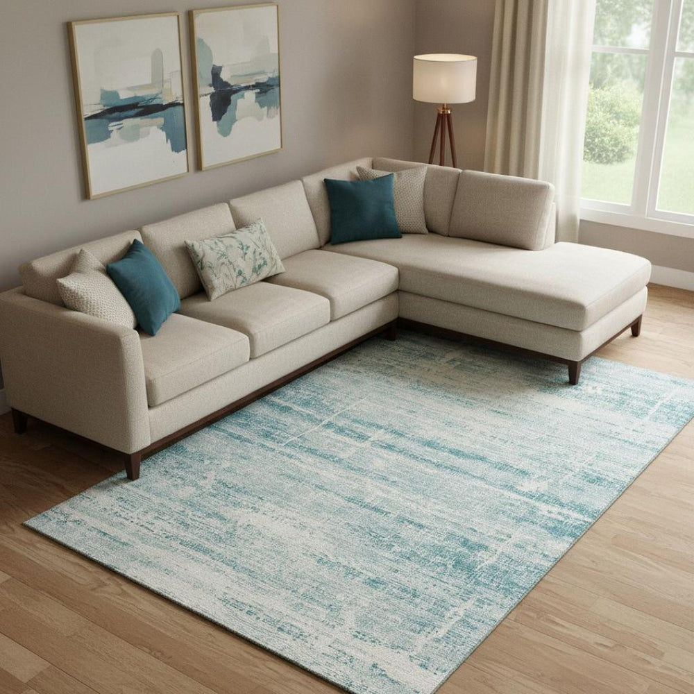 HomeRoots 8' X 10' Teal and Ivory Abstract Area Rug - Stylish, Stain-Resistant, Washable with UV Protection! 662961