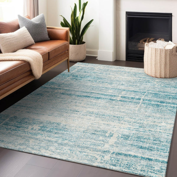 HomeRoots 9' X 12' Teal and Ivory Abstract Washable Area Rug - Stylish, Durable, UV-Protected for Busy Homes! 662962