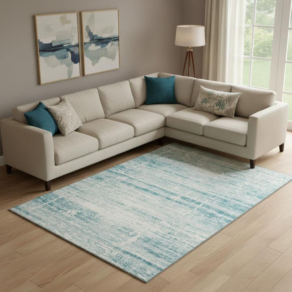 HomeRoots 10' X 14' Teal And Ivory Abstract Area Rug – Washable, UV-Protected, Durable for High-Traffic Spaces 662963