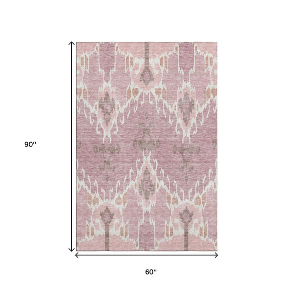 HomeRoots 5' X 8' Blush & Ivory Ikat Area Rug - Stylish, Washable, UV-Protected, Perfect for Any Space! 662965