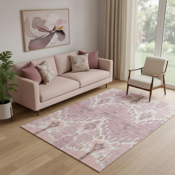 HomeRoots 5' X 8' Blush & Ivory Ikat Area Rug - Stylish, Washable, UV-Protected, Perfect for Any Space! 662965