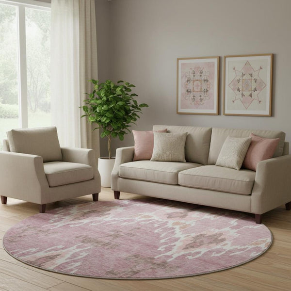 HomeRoots 8' Blush and Ivory Ikat Washable Round Rug - Durable, Stain-Resistant, UV-Protected for All Spaces 662966