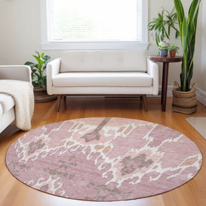 HomeRoots 8' Blush and Ivory Ikat Washable Round Rug - Durable, Stain-Resistant, UV-Protected for All Spaces 662966