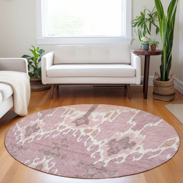 HomeRoots 8' Blush and Ivory Ikat Washable Round Rug - Durable, Stain-Resistant, UV-Protected for All Spaces 662966