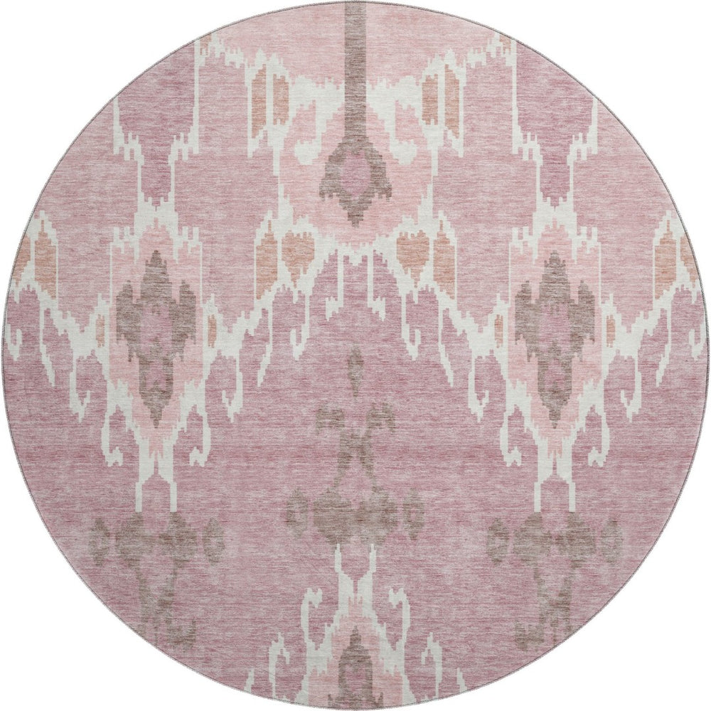 HomeRoots 8' Blush and Ivory Ikat Washable Round Rug - Durable, Stain-Resistant, UV-Protected for All Spaces 662966