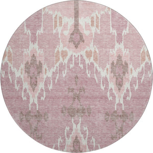 HomeRoots 8' Blush and Ivory Ikat Washable Round Rug - Durable, Stain-Resistant, UV-Protected for All Spaces 662966