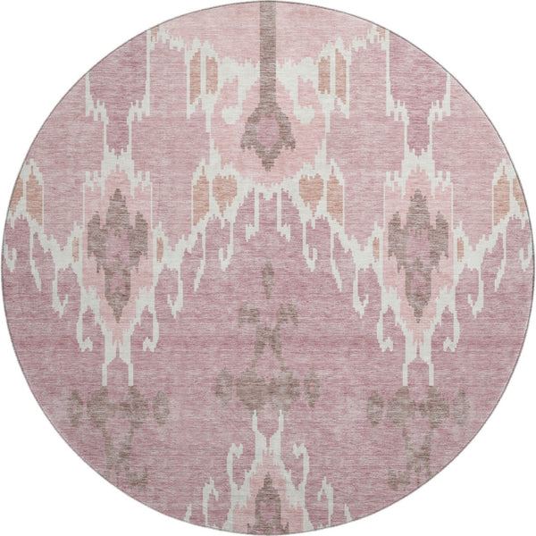 HomeRoots 8' Blush and Ivory Ikat Washable Round Rug - Durable, Stain-Resistant, UV-Protected for All Spaces 662966