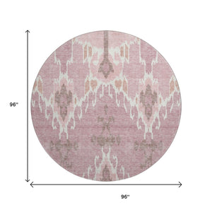 HomeRoots 8' Blush and Ivory Ikat Washable Round Rug - Durable, Stain-Resistant, UV-Protected for All Spaces 662966