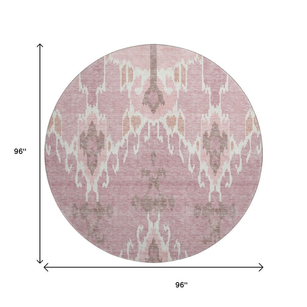 HomeRoots 8' Blush and Ivory Ikat Washable Round Rug - Durable, Stain-Resistant, UV-Protected for All Spaces 662966
