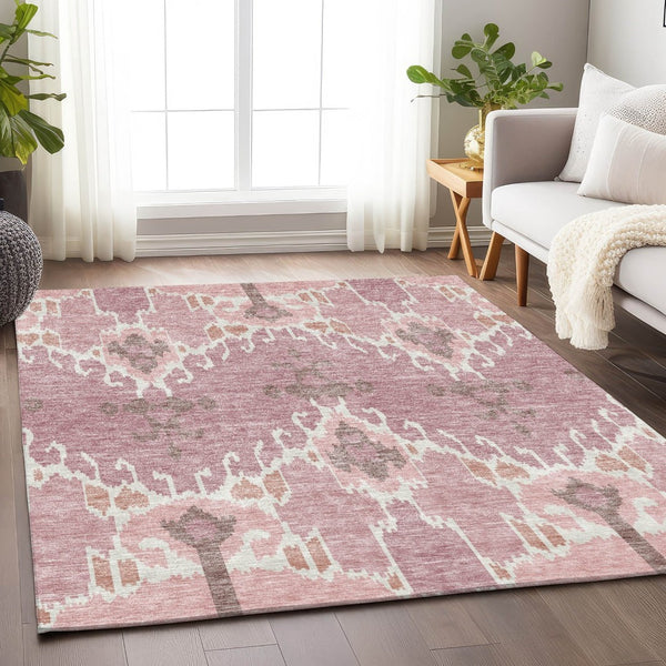HomeRoots 9' Blush and Ivory Ikat Area Rug - Washable, UV Protected, Durable Design for Family Spaces & Patios 662968