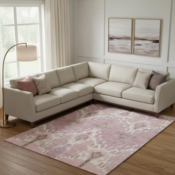HomeRoots 10' X 14' Blush And Ivory Ikat Area Rug – Stylish, Washable, UV-Protected for Modern Living Spaces 662969