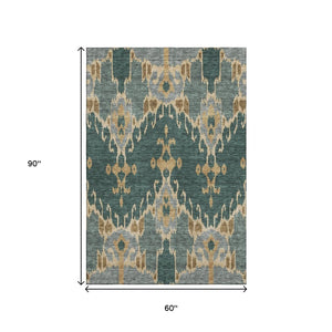 HomeRoots 5' X 8' Modern Emerald Gold Gray Ikat Area Rug - Washable, UV Protected, Ideal for High Traffic Rooms 662977