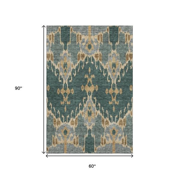 HomeRoots 5' X 8' Modern Emerald Gold Gray Ikat Area Rug - Washable, UV Protected, Ideal for High Traffic Rooms 662977