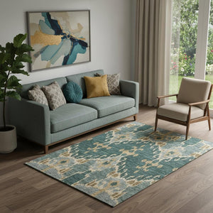 HomeRoots 5' X 8' Modern Emerald Gold Gray Ikat Area Rug - Washable, UV Protected, Ideal for High Traffic Rooms 662977