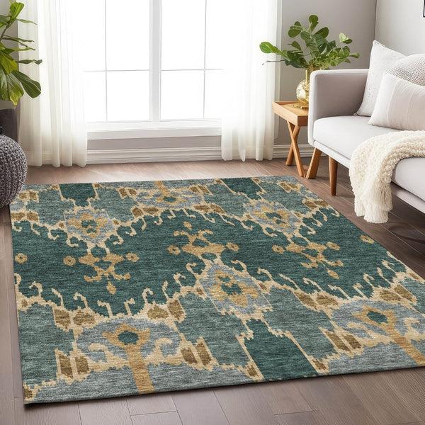 HomeRoots 5' X 8' Modern Emerald Gold Gray Ikat Area Rug - Washable, UV Protected, Ideal for High Traffic Rooms 662977