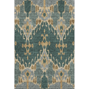 HomeRoots 5' X 8' Modern Emerald Gold Gray Ikat Area Rug - Washable, UV Protected, Ideal for High Traffic Rooms 662977