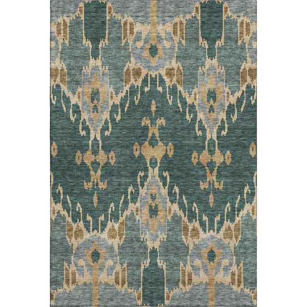 HomeRoots 5' X 8' Modern Emerald Gold Gray Ikat Area Rug - Washable, UV Protected, Ideal for High Traffic Rooms 662977