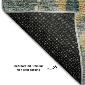 HomeRoots 5' X 8' Modern Emerald Gold Gray Ikat Area Rug - Washable, UV Protected, Ideal for High Traffic Rooms 662977
