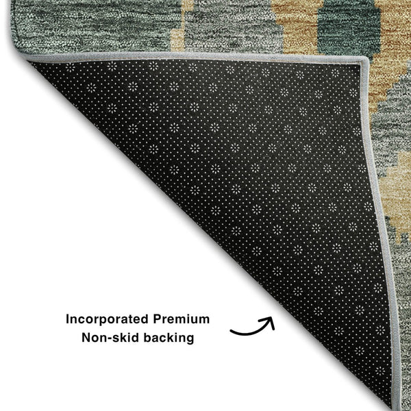 HomeRoots 5' X 8' Modern Emerald Gold Gray Ikat Area Rug - Washable, UV Protected, Ideal for High Traffic Rooms 662977
