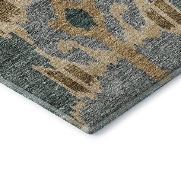 HomeRoots 5' X 8' Modern Emerald Gold Gray Ikat Area Rug - Washable, UV Protected, Ideal for High Traffic Rooms 662977