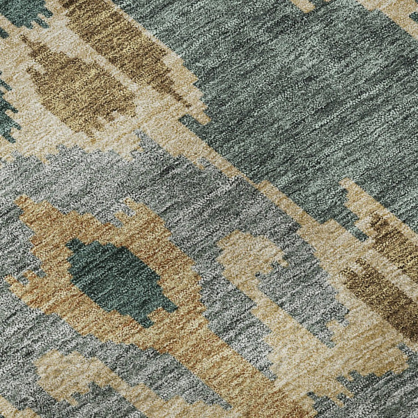 HomeRoots 5' X 8' Modern Emerald Gold Gray Ikat Area Rug - Washable, UV Protected, Ideal for High Traffic Rooms 662977
