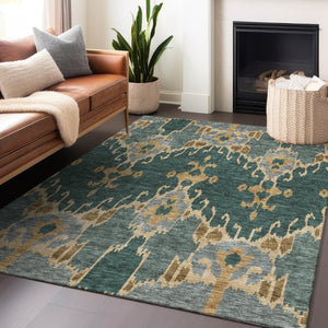 HomeRoots 5' X 8' Modern Emerald Gold Gray Ikat Area Rug - Washable, UV Protected, Ideal for High Traffic Rooms 662977