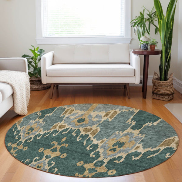 HomeRoots 8' Emerald Gold and Gray Ikat Round Rug - Washable, UV Protected, Stylish for Modern Homes 662978