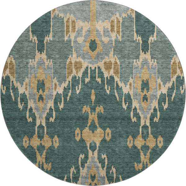 HomeRoots 8' Emerald Gold and Gray Ikat Round Rug - Washable, UV Protected, Stylish for Modern Homes 662978