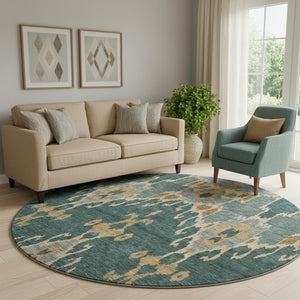 HomeRoots 8' Emerald Gold and Gray Ikat Round Rug - Washable, UV Protected, Stylish for Modern Homes 662978