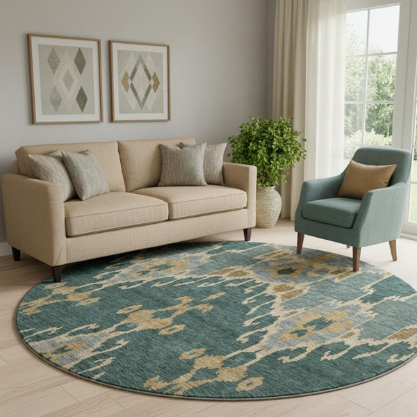 HomeRoots 8' Emerald Gold and Gray Ikat Round Rug - Washable, UV Protected, Stylish for Modern Homes 662978