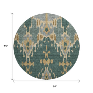 HomeRoots 8' Emerald Gold and Gray Ikat Round Rug - Washable, UV Protected, Stylish for Modern Homes 662978