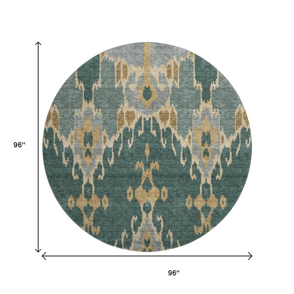 HomeRoots 8' Emerald Gold and Gray Ikat Round Rug - Washable, UV Protected, Stylish for Modern Homes 662978