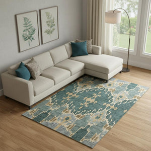 HomeRoots 8' X 10' Ikat Washable Area Rug in Emerald, Gold & Gray - Stylish, Durable, UV Protected for Homes 662979